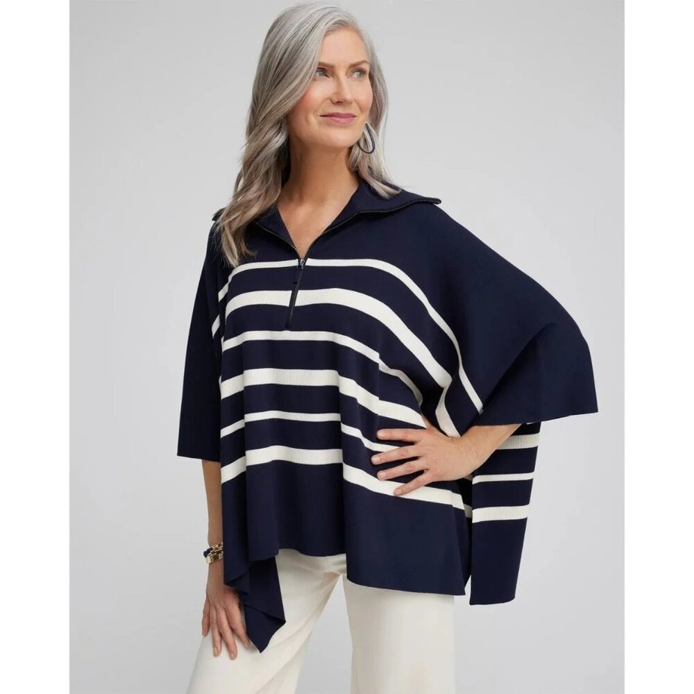 Chico’s Stripe Zip Collar Sweater Poncho in Blue White Size‎ L / XL